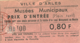 Eintrittskarte für das kleinere halbkreisförmige antike Theater (Théatre Antique) in Arles aus dem Jahr 1966. 1:1 eingescannt