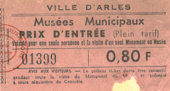 Eintrittskarte für das kleinere halbkreisförmige antike Theater (Théatre Antique) in Arles aus dem Jahr 1966. 1:1 eingescannt